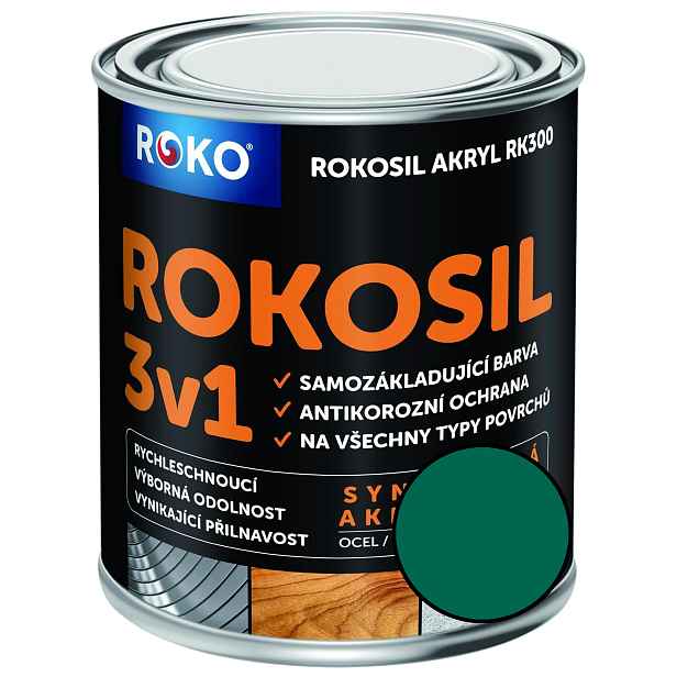 Barva samozákladující Rokosil akryl 3v1 RK 300 5400 zelená tmavá, 3 l