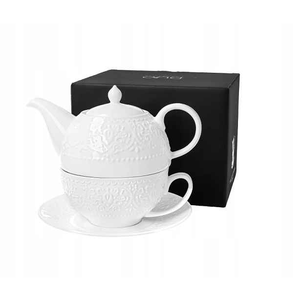 Šálek s konvičkou Alice tea for one, bílý, lisovaný do erbů