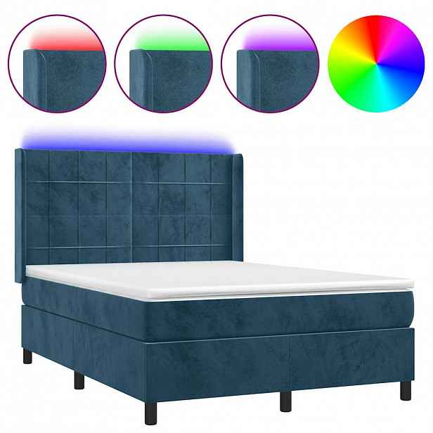 vidaXL Box spring postel s matrací a LED tmavě modrá 140x200 cm samet