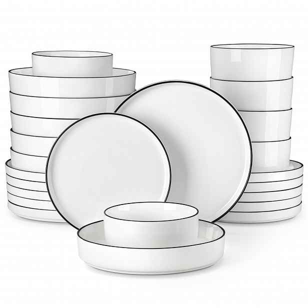 TEMU Sady talířů a misek, 24ks porcelánové bílé s černým okrajem, jídelní soupravy pro 6 osob, odolné proti poškrábání, moderní kulatá souprava