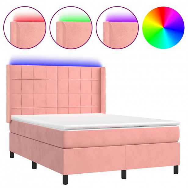 vidaXL Box spring postel s matrací a LED růžová 140x200 cm samet