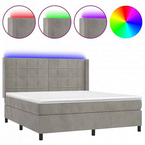 vidaXL Box spring postel s matrací a LED světle šedá 160x200 cm samet