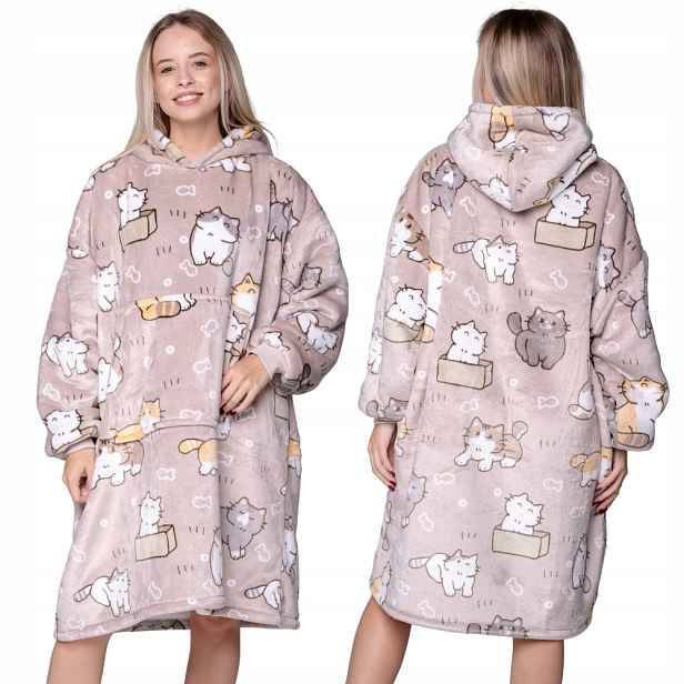 Koc oversize mikina Tlustá Mikinová Deka 2v1 XXL Vzor Kočky Dárek s kapucí