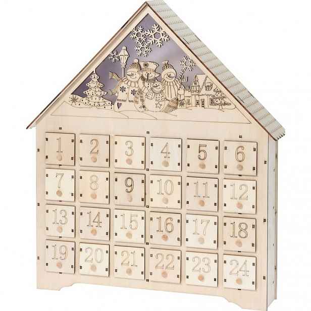 Adventní LED dřevěný kalendář Snowmen, 37,5 x 43 cm