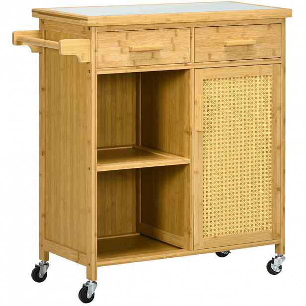 Modfu KUCHYŇSKÝ vozík z bambusu 84x36x85 cm přírodní se zásuvkami, skříňkou, policemi a kolečky