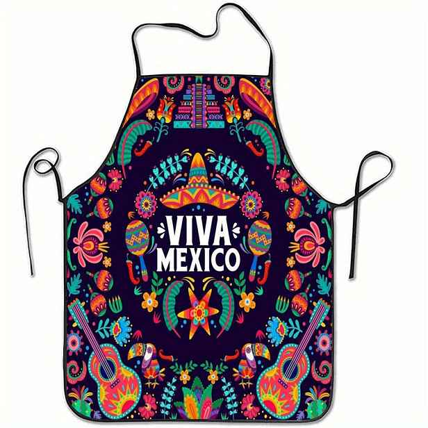 TEMU Mexická zástěra s Viva Mexico, zdobená pampeliškami, kytarami a sombrerovými klobouky – živý květinový v výrazné tyrkysové, oranžové, růžové,