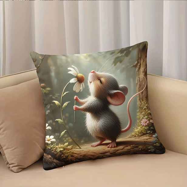 TEMU 1ks Povlak na polštář, Roztomilý myšky a sedmikrásky, Zapínání na zip, Pratelné v pračce, 45cm*45cm, Měkká a hladká polyesterová krátká plyšová