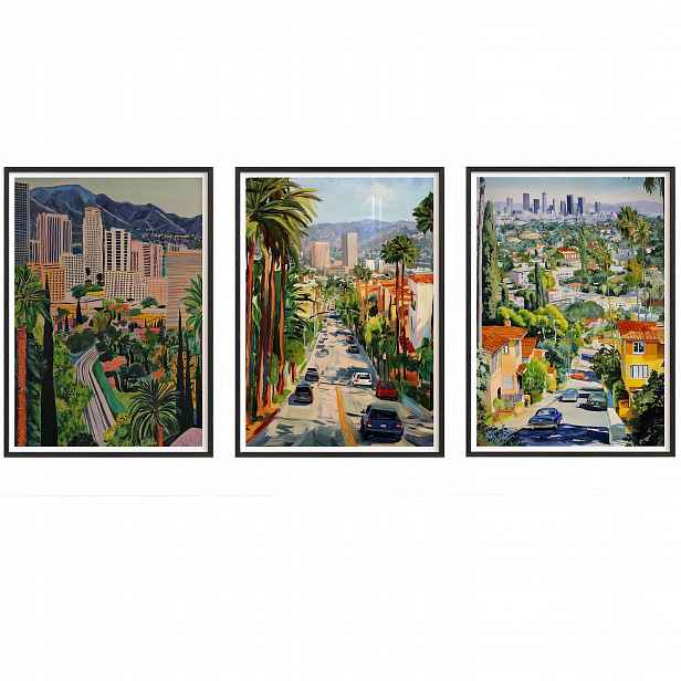Obrazy Los Angeles Pohled Palmy Plakáty Rámečky Dřevěné Černé 3ks 30x42 cm