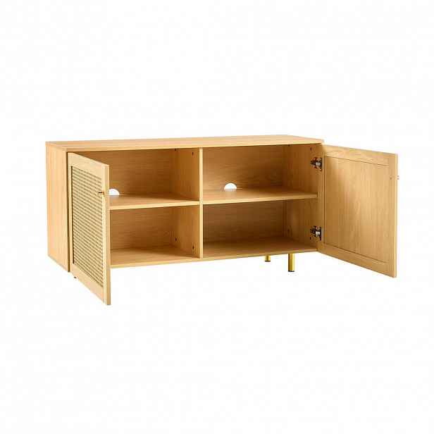 OKWISH BOČNÍ skříň 120/40/63 cm přírodní z MDF s ratanovými dvířky a zlatými úchyty