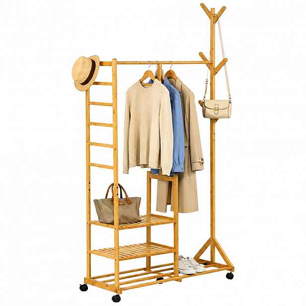 Relaxdays VĚŠÁK Přírodní bambus na kolečkách 6 háčků 4 police 176 cm