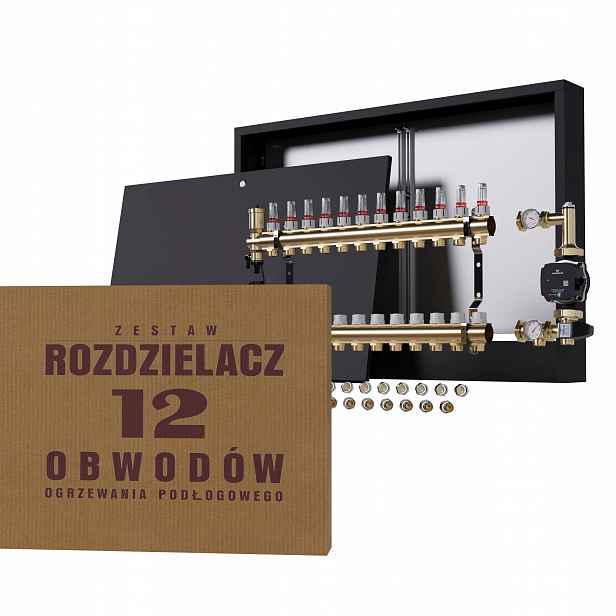 Rozdělovač pro podlahovku 12 s spojkami, čerpadlo Grundfos nástěnná černá