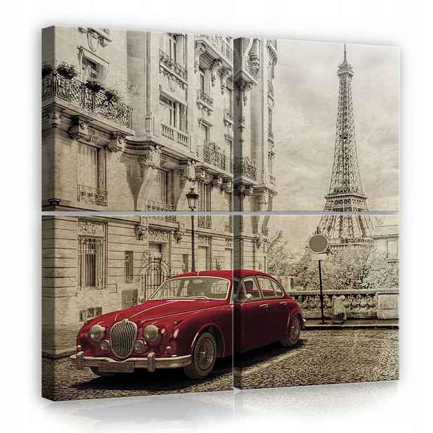 Obraz 50x50 Paříž Eiffelova věž červené auto vintage retro elegance