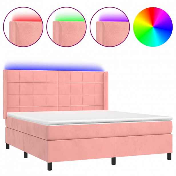 vidaXL Box spring postel s matrací a LED růžová 180x200 cm samet