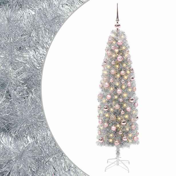 vidaXL Štíhlý umělý vánoční stromek s vánočními koulemi 180 cm 300 LED