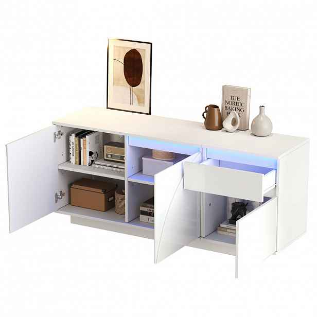 OKWISH BOČNÍ skříň 140/40/60 cm bílá z MDF s LED osvětlením, zásuvkou a lesklým povrchem