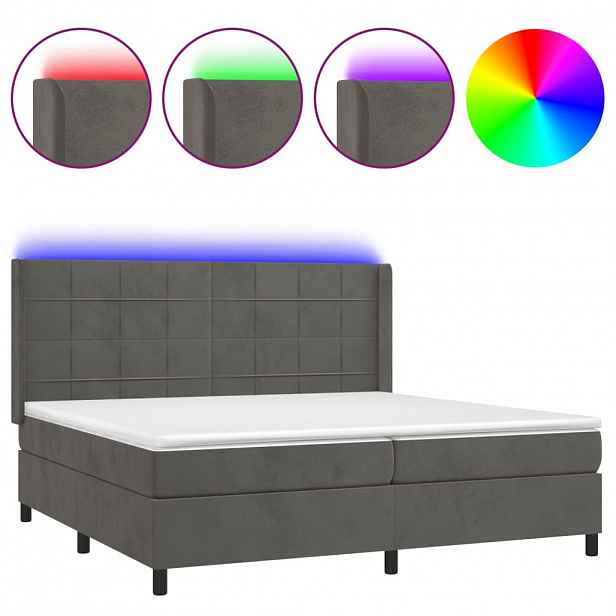 vidaXL Box spring postel s matrací a LED tmavě šedá 200x200 cm samet