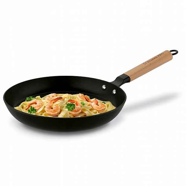 Velká smaltovaná litinová pánev s dřevěnou rukojetí, 28 cm