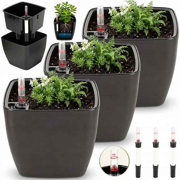 3X Květináč Hydroponie Čtvercový S Ukazatelem Vody 17,5 CM