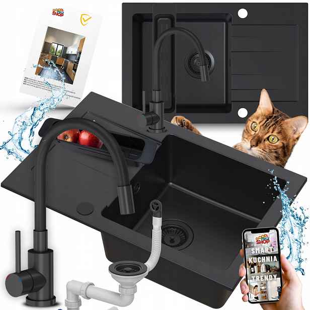 Granitový Dřez Černý Mat S Odkapávačem Set S Kuchyňskou Baterií 9v1