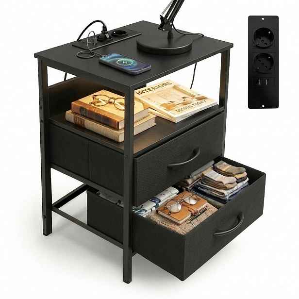 Relaxdays STOLEK Černý LED USB zásuvky 2 šuplíky 60 cm
