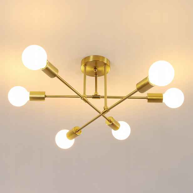 Stropní lampa E27 zlatá, lustr 6 ramen, závěsná, styl loft/retro do chodby