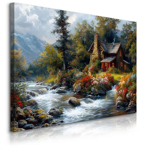 Muralo OBRAZ NA PLÁTNĚ Horská Chata Rostliny Příroda Krajina 30cm x 20cm