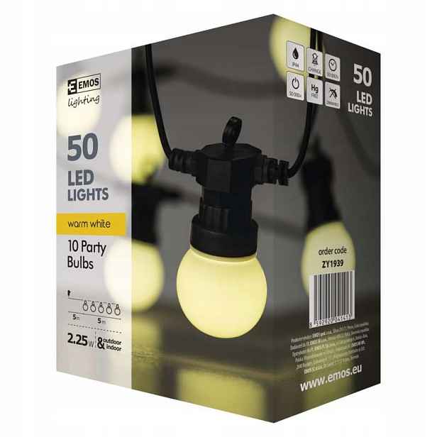 Girlanda Emos 500 cm 50 Led, 10× party bulb, IP44MI