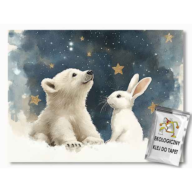 Fototapeta Flizelina Zima Sníh Noc Nebe Hvězdy Medvídek Králík 416x254 130g