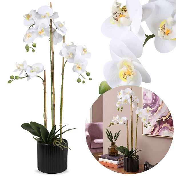 Velký! Bílý, umělý orchidej, Orchidej v květináči, Jako Živý, 3 výhonky 77 cm