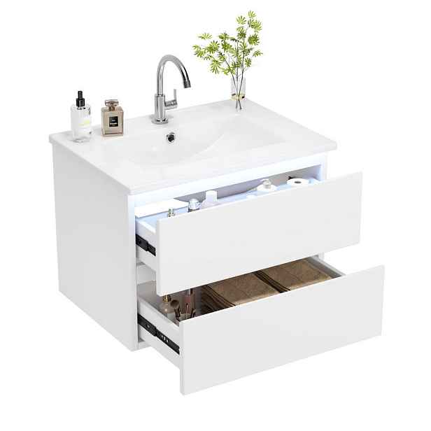 EVRYAE SKŘÍŇKA POD UMYVADLO Koupelnová skříňka MDF keramické umyvadlo LED senzor Soft-Close 2 zásuvky