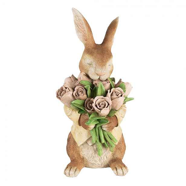 Dekorace hnědý králík s kyticí tulipánů - 19*23*39 cm Clayre & Eef