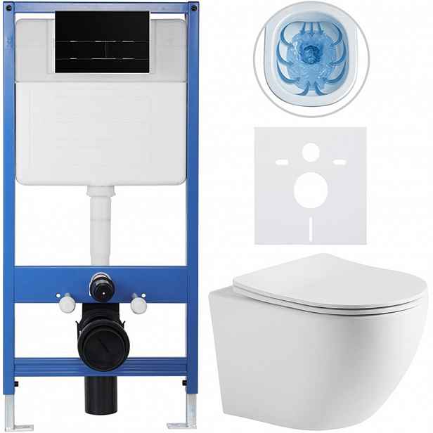 Kompletní WC set Profi/Cesso - bílá matná - WC tlačítko Line/Černá lesklá - předstěnová instalace - 49x36 cm - 8050BD84249