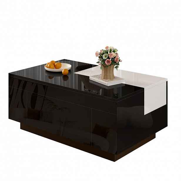 OKWISH KONFERENČNÍ stolek 80/50/35,5 cm černá a bílá z MDF s LED osvětlením a výsuvnou deskou