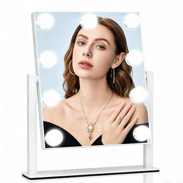 Zrcadlo pro líčení s 9 Led diodami, odnímatelnou lupou 10x, otáčení o 360°