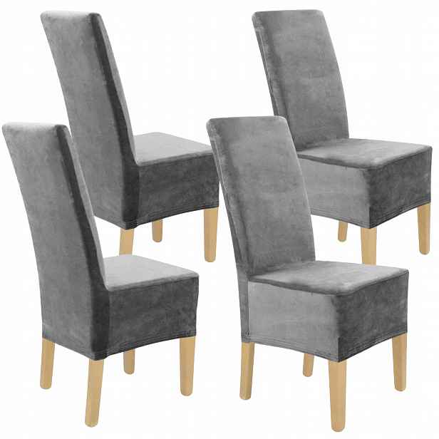 4 Ks Potah Na Židli XXL Šikmý Šedý Velur Elastický Univerzální