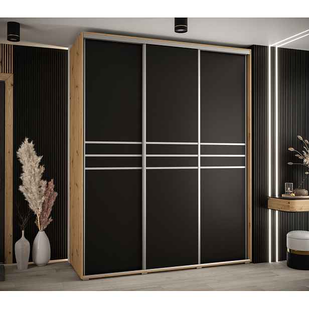 Šatní skříň YVONA 10 - 200/60 cm, dub artisan / černá / stříbrná
