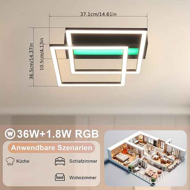 TEMU LED stropní světlo do ložnice - RGB barevně měnitelné kuchyňské světlo 36W stmívatelné černé moderní světlo do ložnice s dálkovým ovládáním