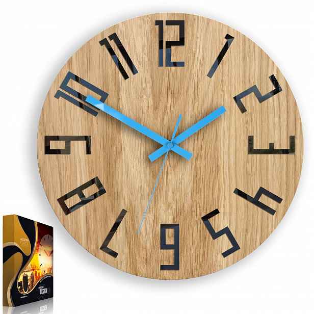Nástěnné hodiny Dub Slim Černo & Modré tiché hodiny, 33 cm, do obývacího pokoje,