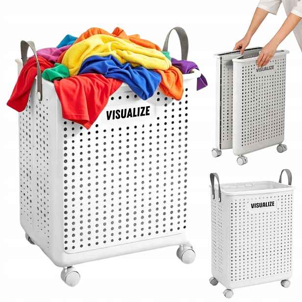 Skládací koš na prádlo na kolečkách, plastový, prostorný, s úchyty, úzký, 50 l