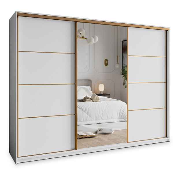 MASSENO ŠATNÍ SKŘÍŇ S POSUVNÝMI DVEŘMI VARO, 250/205/60 cm 3dveřová se zrcadlem a zásuvkami, bílá