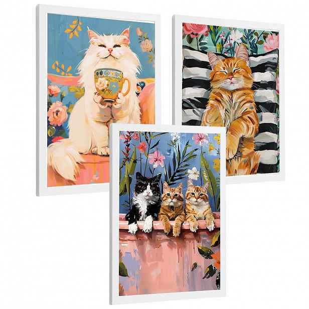 Nacnic PLAKAT Sada 3 Funny Cats A3 Bílý rám