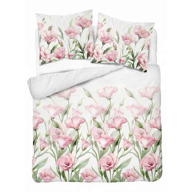 Povlečení růžové květy listy bílé 220x200 elegantní bavlněná saténová tkanina