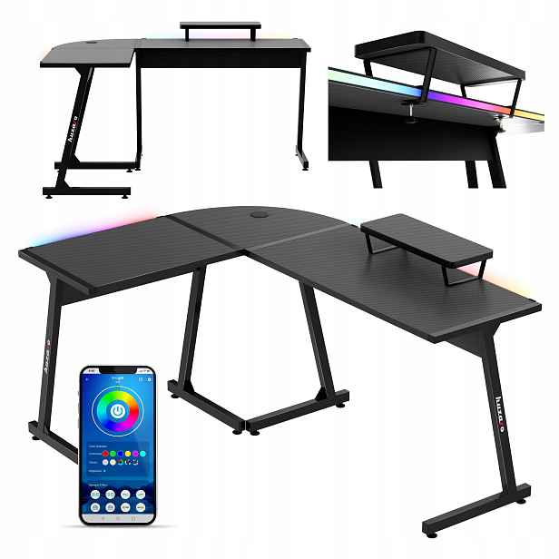 Rohový Herní Stůl pro hráče Huzaro Hero 6.0 Černá Rgb Led polička
