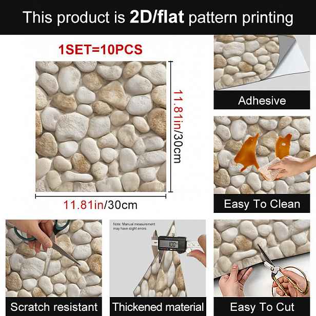TEMU 10 ks 2D/rovné PVC podlahové dlaždice s texturou oblázků, 11,81 x 11,81 palců vinylové podlahové dlaždice, samolepicí dekorace do domácnosti,