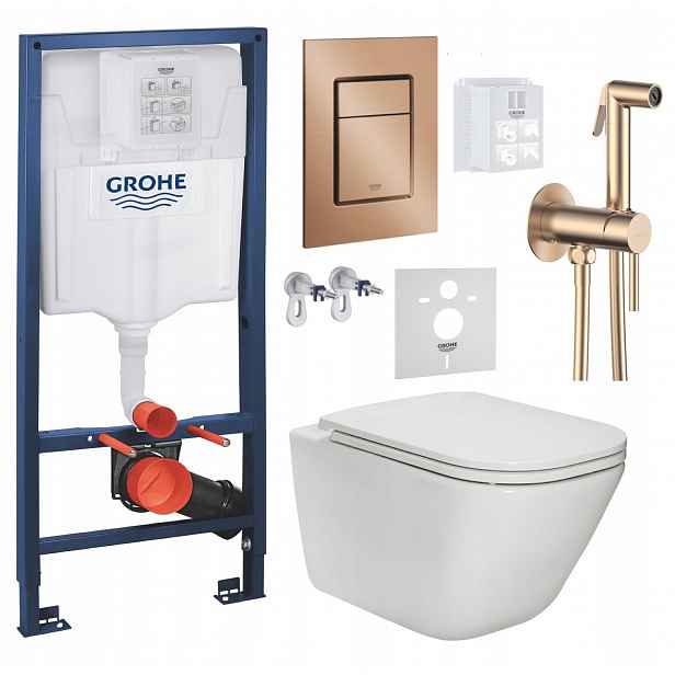 Wc stojan Grohe Rapid s mísou Roca Gap a tlačítkem měď, baterie měď