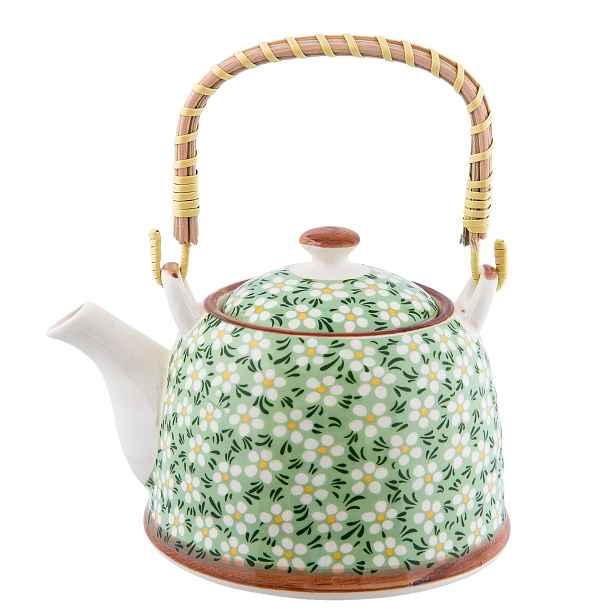 Zelená porcelánová konvička s kvítky a se sítkem - Ø 18*14*12 cm / 0,7L Clayre & Eef