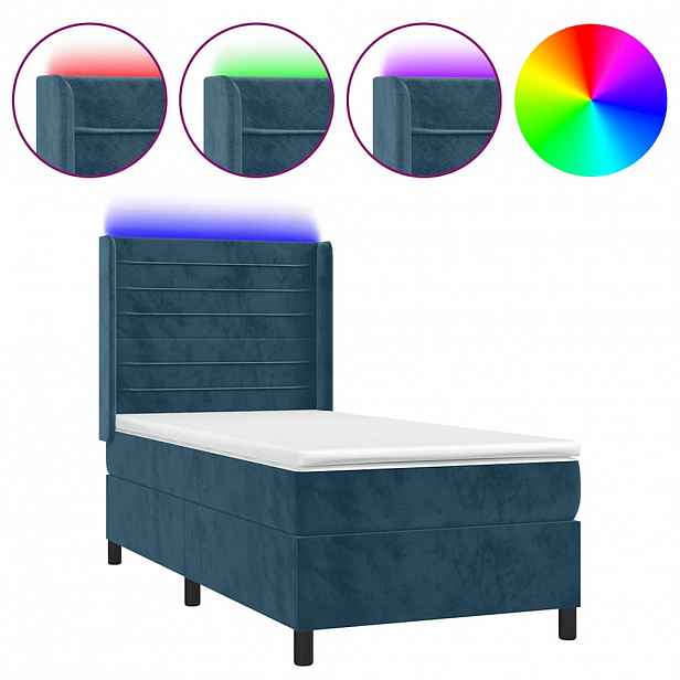 vidaXL Box spring postel s matrací a LED tmavě modrá 90x190 cm samet