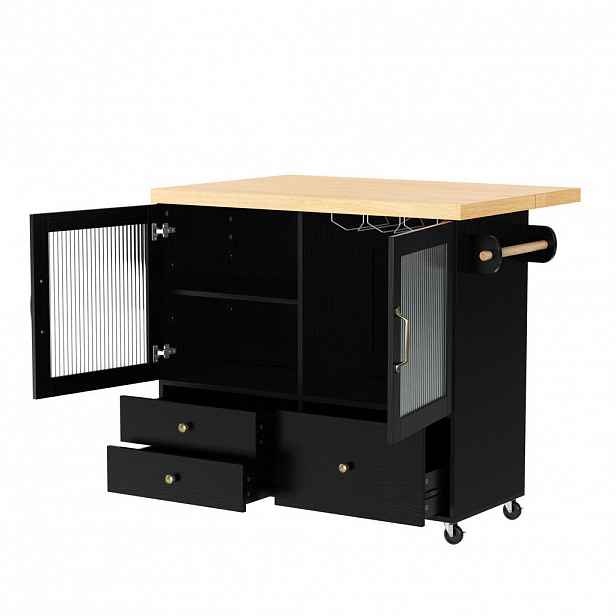 Modfu KUCHYŇSKÝ ostrůvek z MDF 100x70x91,5 cm černá/přírodní na kolečkách s výklopnou deskou a úložným prostorem