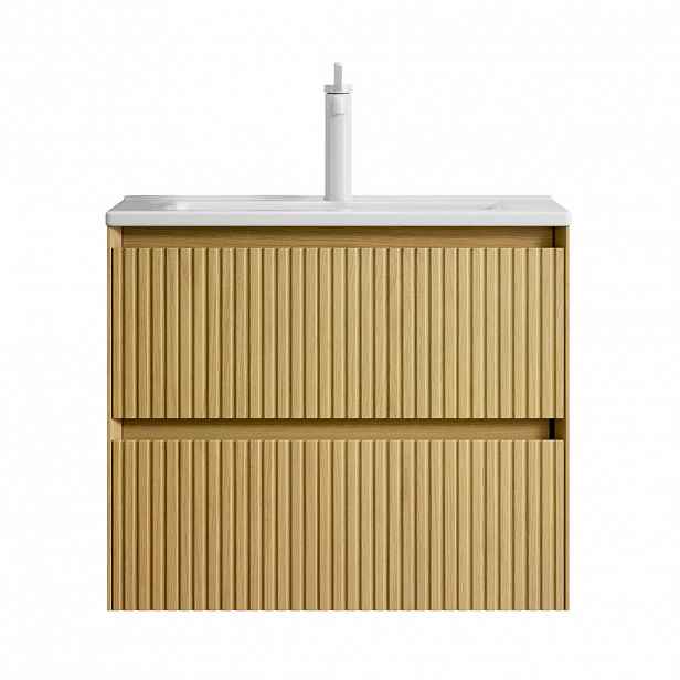 Modfu KOUPELNOVÁ skříňka s umyvadlem z keramiky a překližky 61x39x51 cm bílá a zlatý dub se 2 zásuvkami a tichým dovíráním