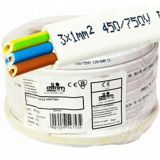 Plochý kabel YDYp 3x1mm Cu 750V 3x1 450/750V měděný drát Cu 25 m